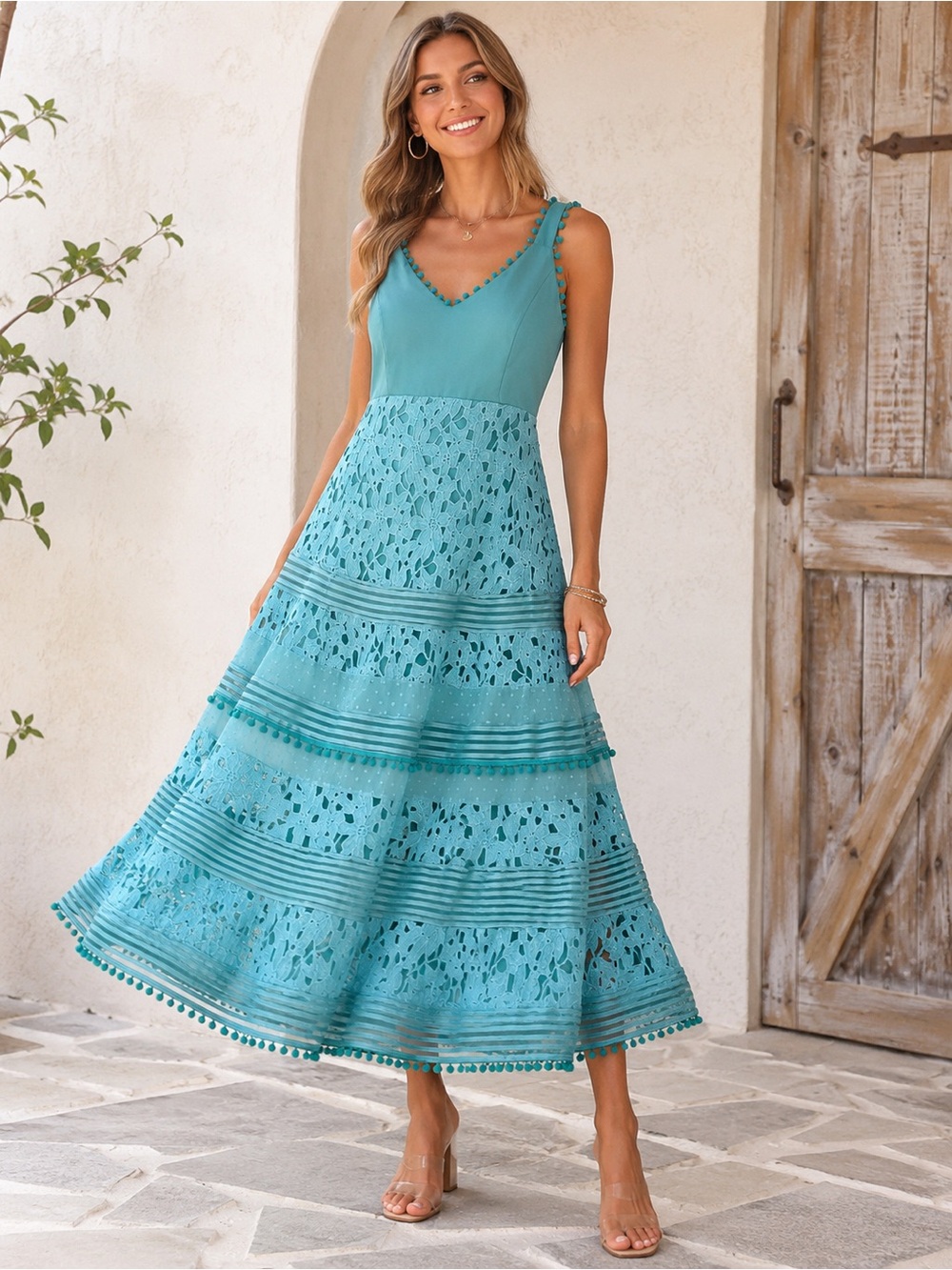 Boston Proper Aqua Lace Pom Pom Maxi Dress Boho Resort Coastal Cottagecore S